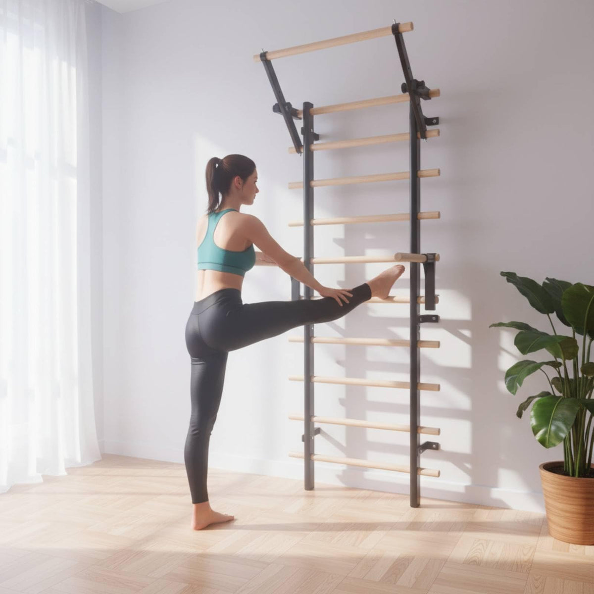 Wall Mounted Climbing Ladder with Metal and Wood Rungs for Home Training