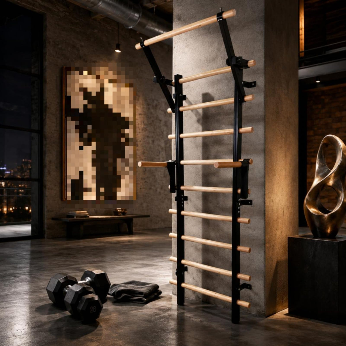 Wall Mounted Climbing Ladder with Metal and Wood Rungs for Home Training
