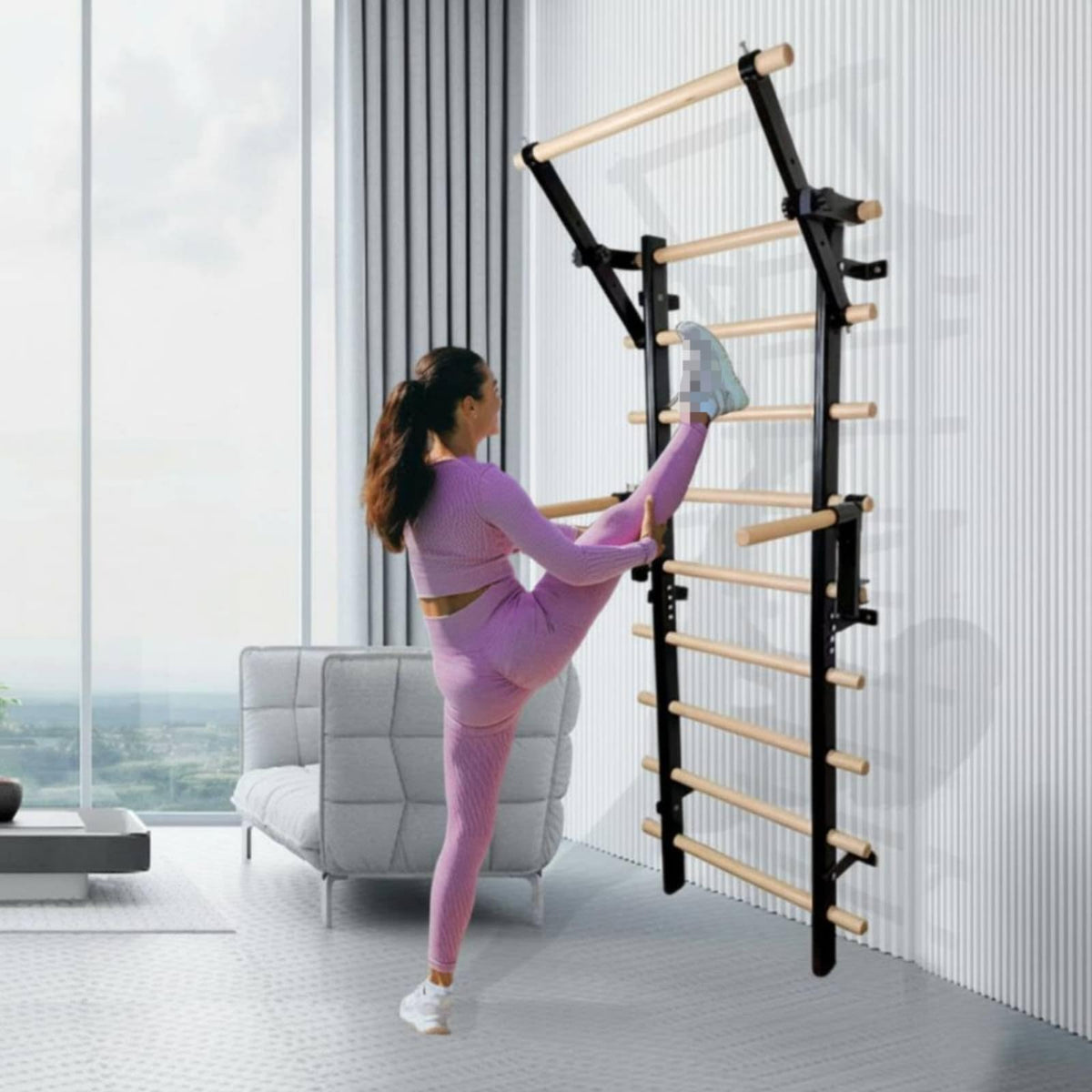 Wall Mounted Climbing Ladder with Metal and Wood Rungs for Home Training
