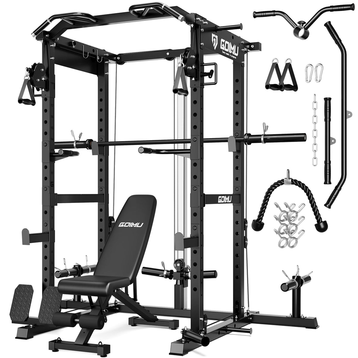 Power Cage Rack with Cable Crossover and Lat Pulldown System