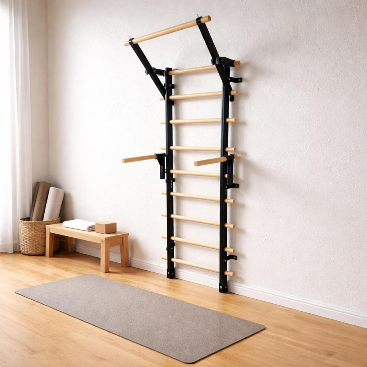 Wall Mounted Climbing Ladder with Metal and Wood Rungs for Home Training