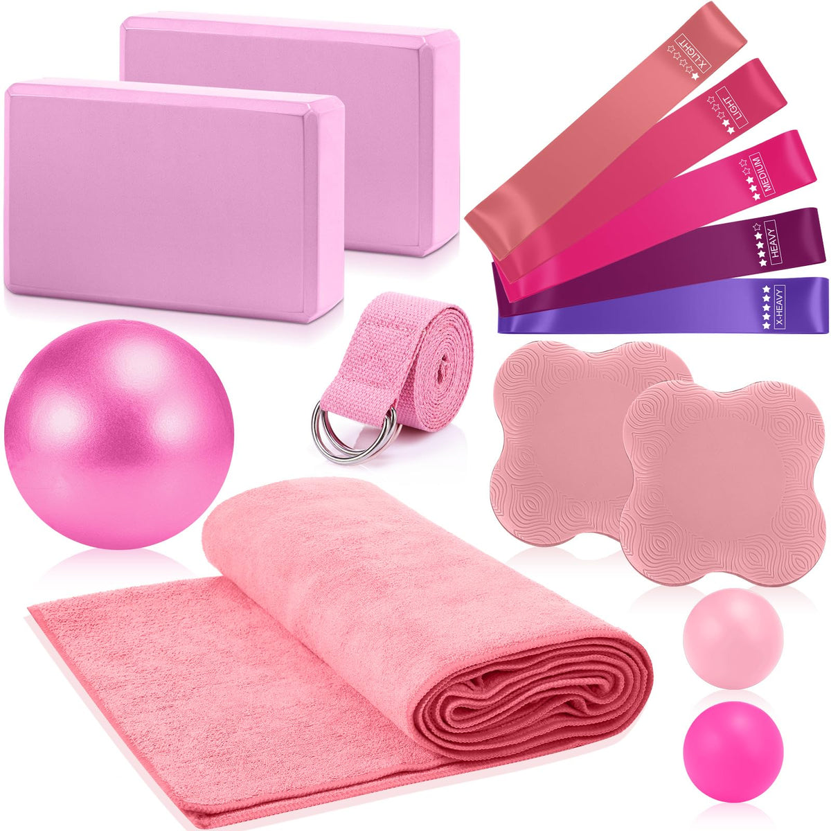 14-Piece Yoga Kit with Blocks, Strap, Bands and Massage Ball for Home Workouts