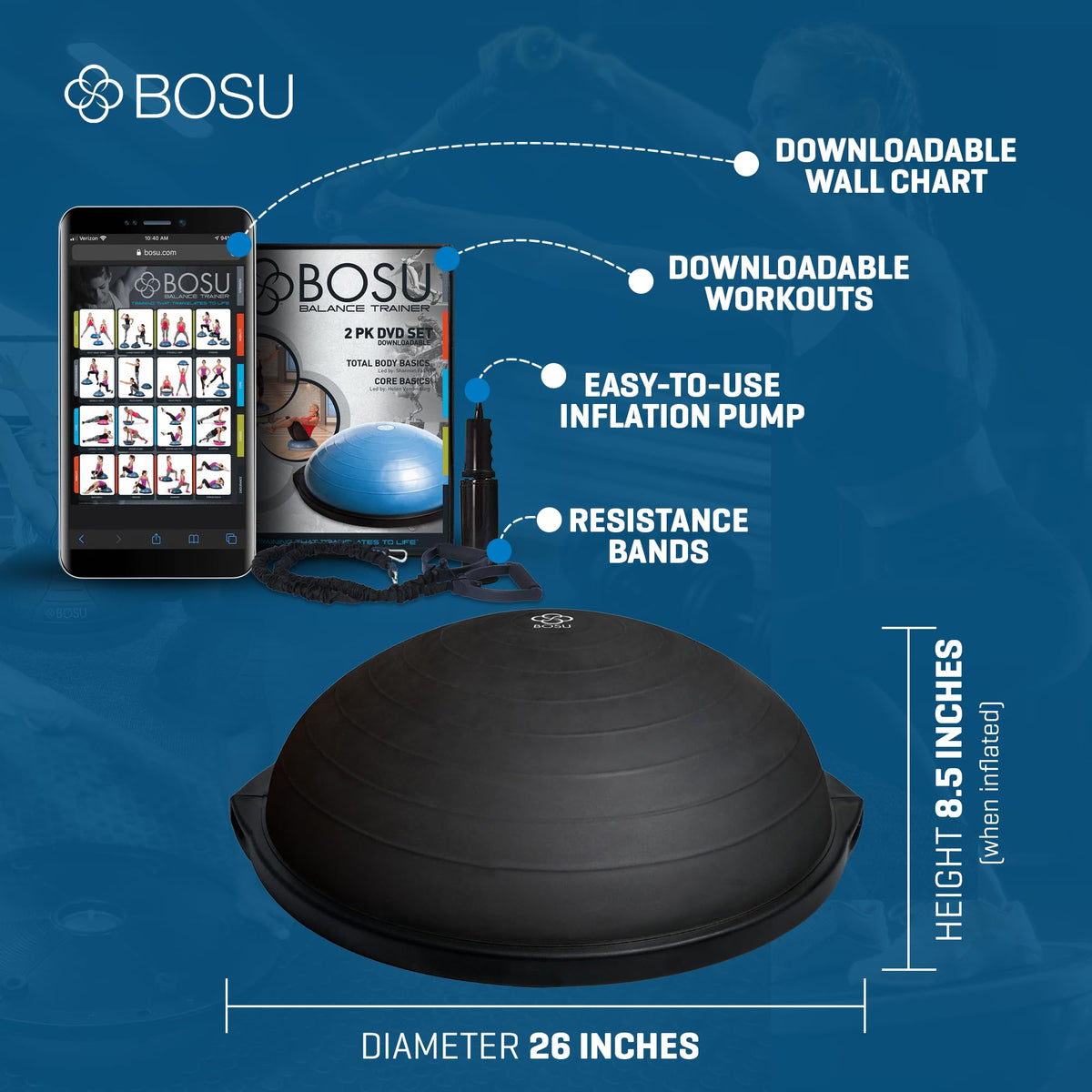 Half Ball Balance Trainer with Resistance Bands for Stability Training