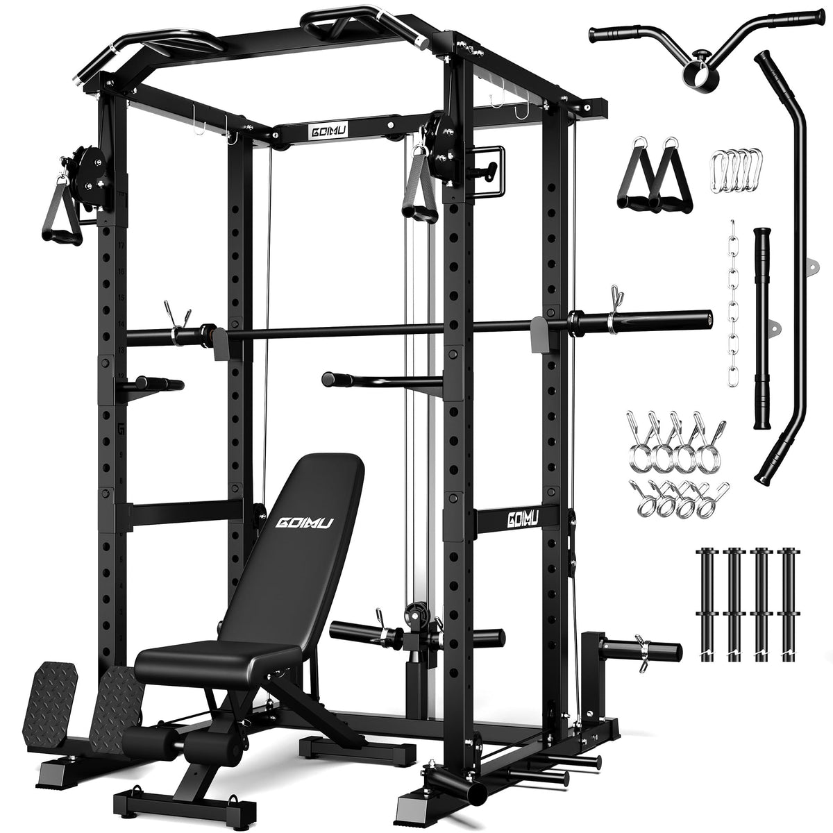 Power Cage Rack with Cable Crossover and Lat Pulldown System