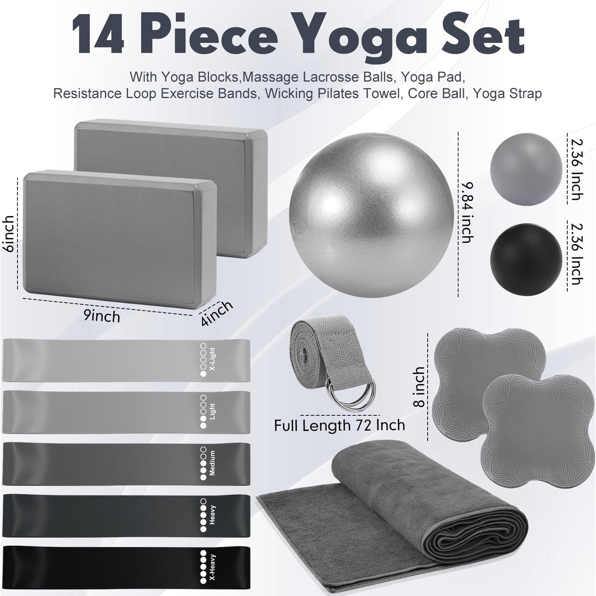 14-Piece Yoga Kit with Blocks, Strap, Bands and Massage Ball for Home Workouts