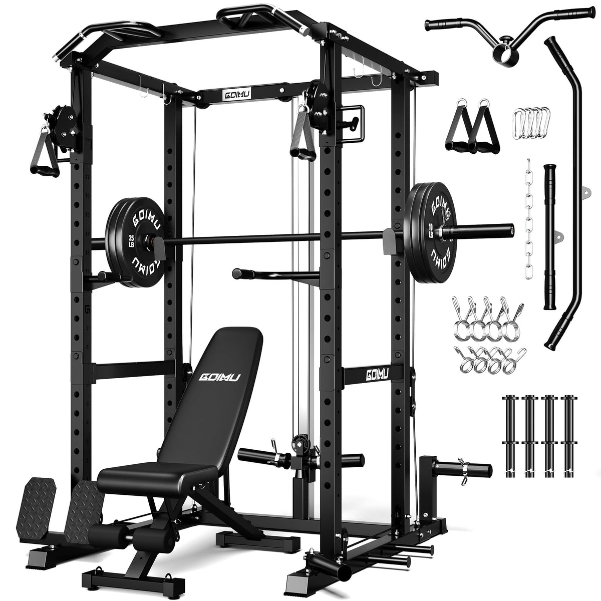 Power Cage Rack with Cable Crossover and Lat Pulldown System