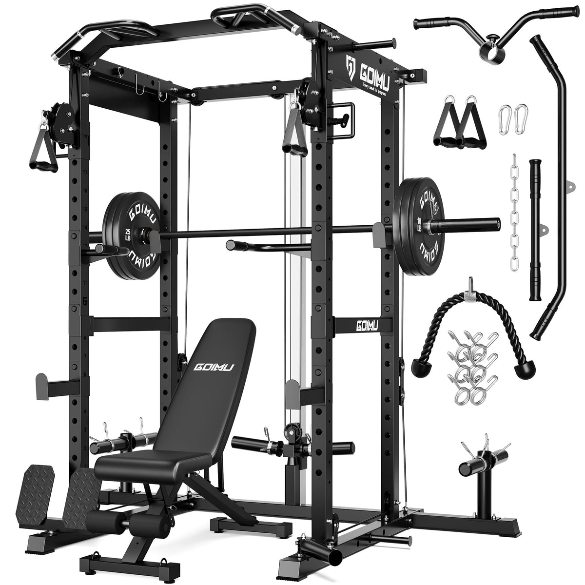 Power Cage Rack with Cable Crossover and Lat Pulldown System